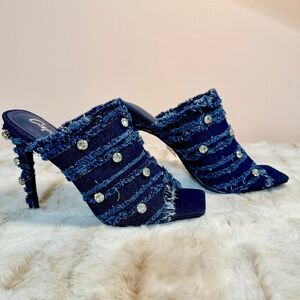 Cape Robbin Denim 4" Heels Frayed Denim Fabric Straps & Crystal Studs Mules